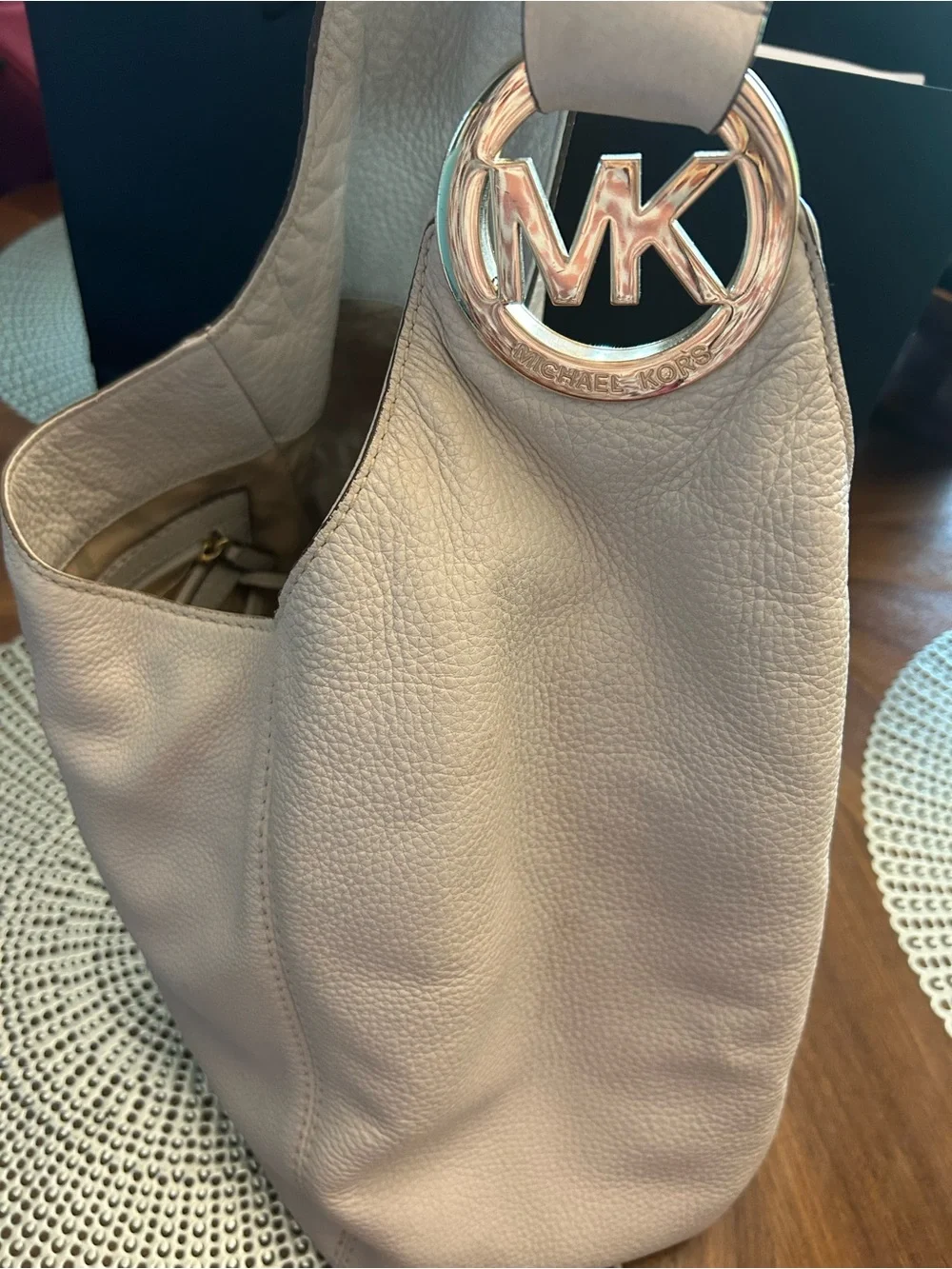 Michael Kors Beige Leather Shoulder Hobo Bag with Gold MK Logo